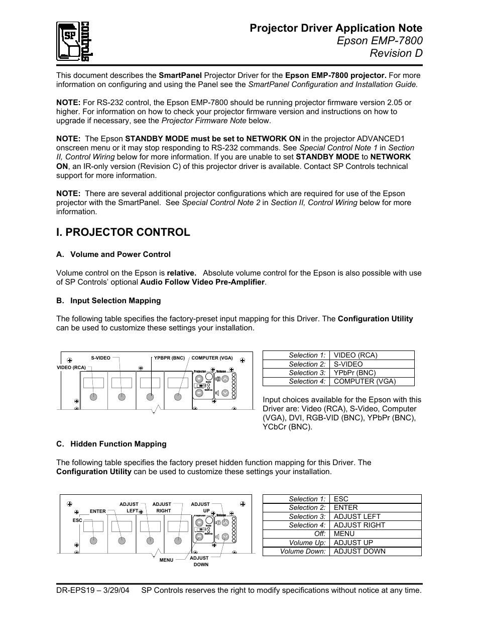 Projector driver application note, I. projector control, A. volume and power control | B. input selection mapping | Epson DR-EPS19 User Manual | Page 3 / 7