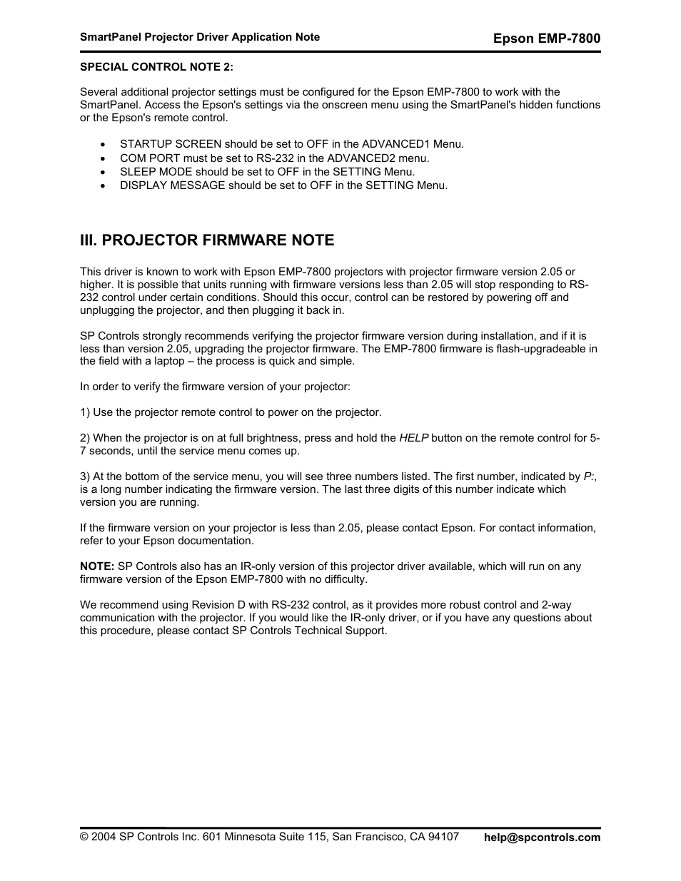 Special control note 1, Special control note 2, Iii. projecor firmware note | Epson DR-EPS19 User Manual | Page 6 / 7