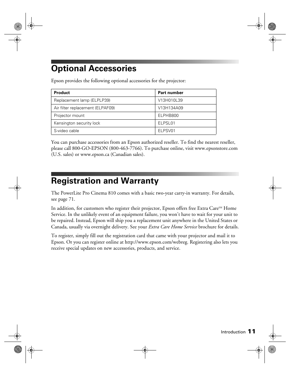 Optional accessories, Registration and warranty | Epson 810 User Manual | Page 11 / 76