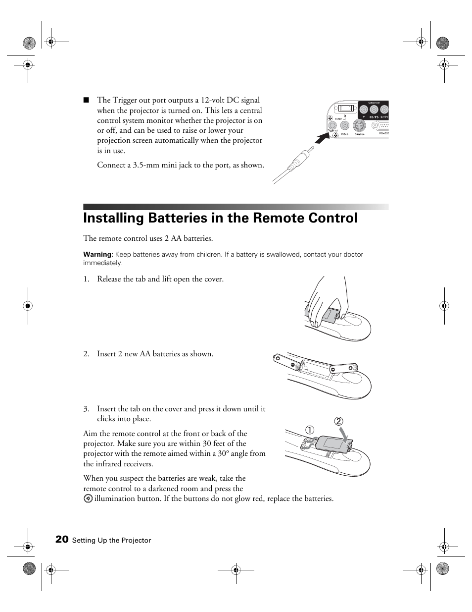 Installing batteries in the remote control | Epson 810 User Manual | Page 20 / 76