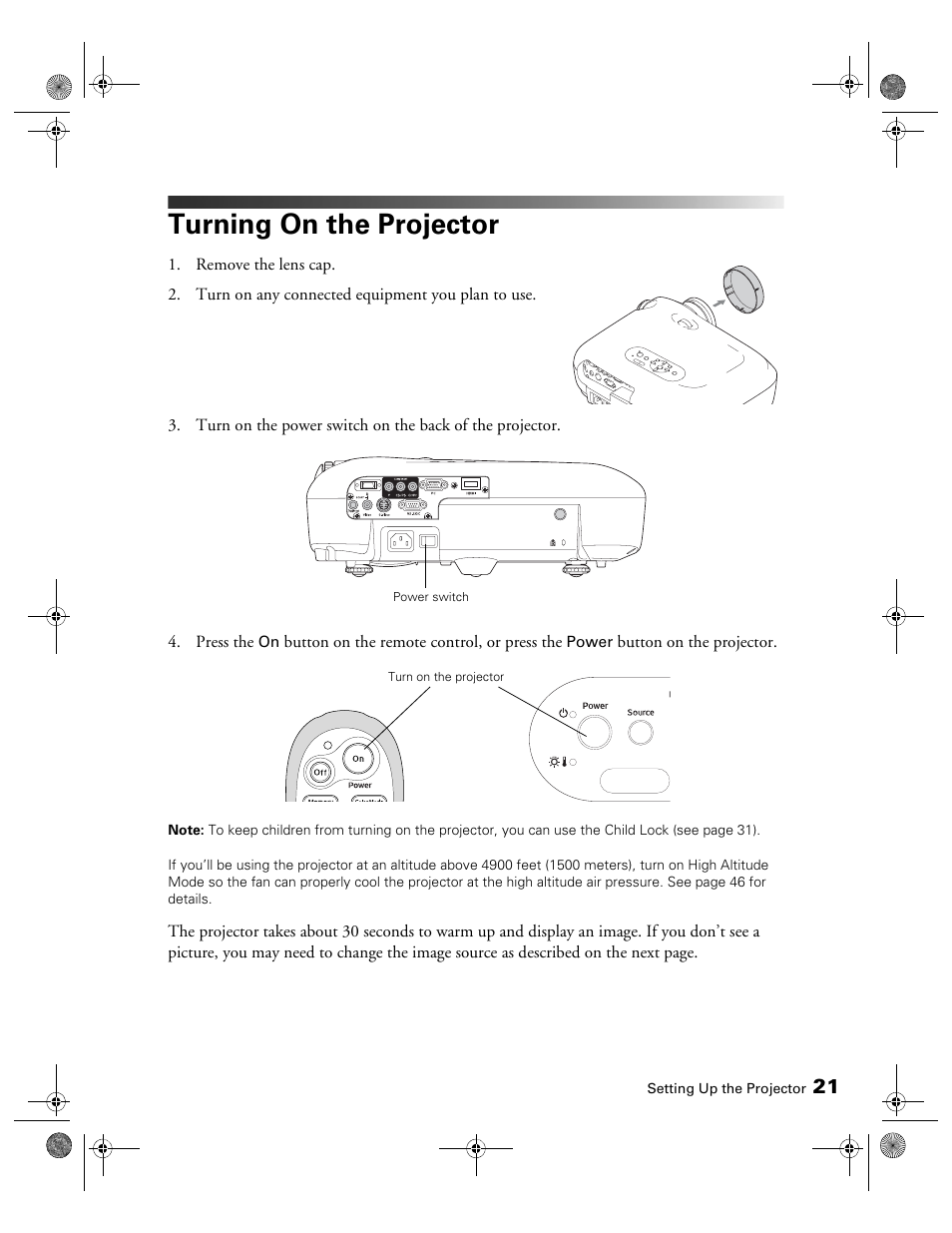 Turning on the projector | Epson 810 User Manual | Page 21 / 76