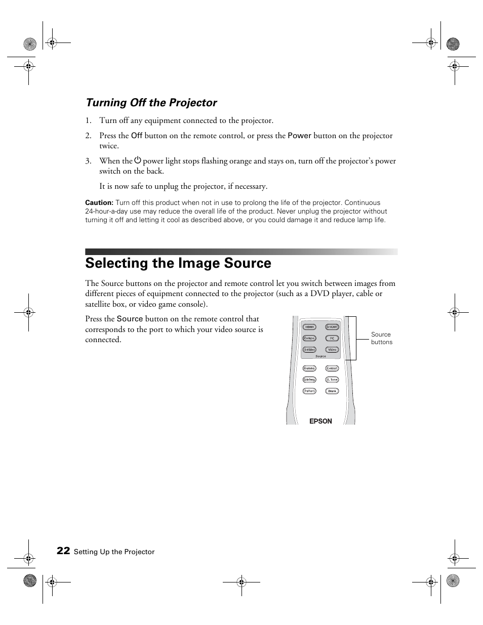 Turning off the projector, Selecting the image source | Epson 810 User Manual | Page 22 / 76