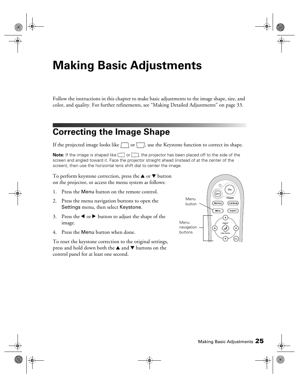 Making basic adjustments, Correcting the image shape | Epson 810 User Manual | Page 25 / 76