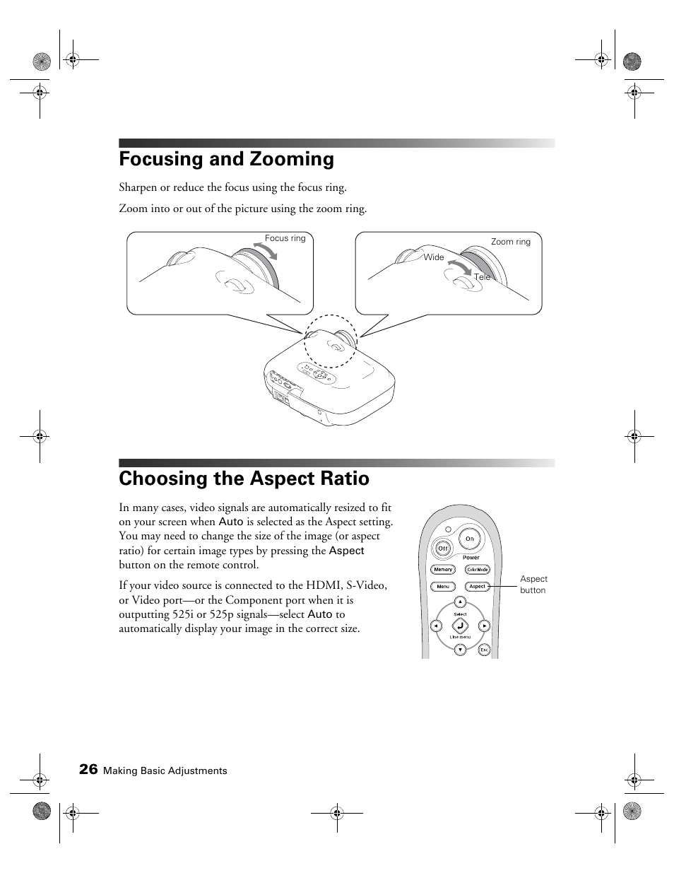 Focusing and zooming, Choosing the aspect ratio | Epson 810 User Manual | Page 26 / 76