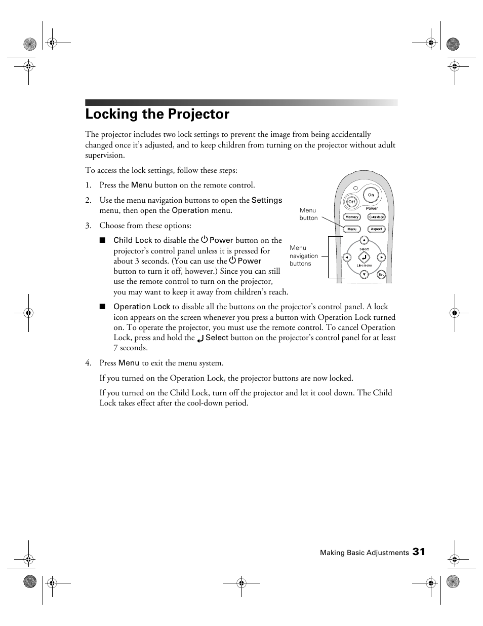 Locking the projector | Epson 810 User Manual | Page 31 / 76