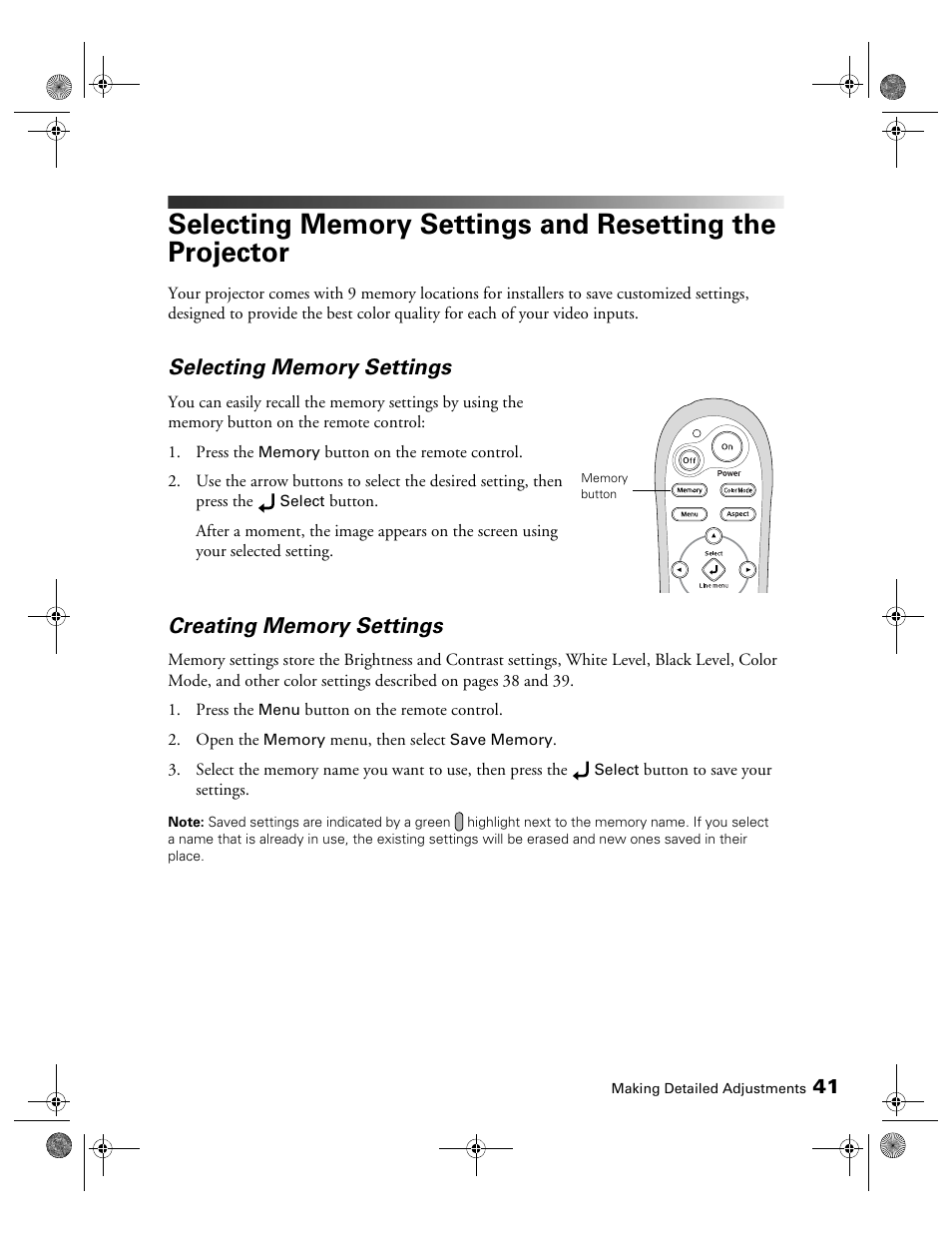 Selecting memory settings, Creating memory settings | Epson 810 User Manual | Page 41 / 76
