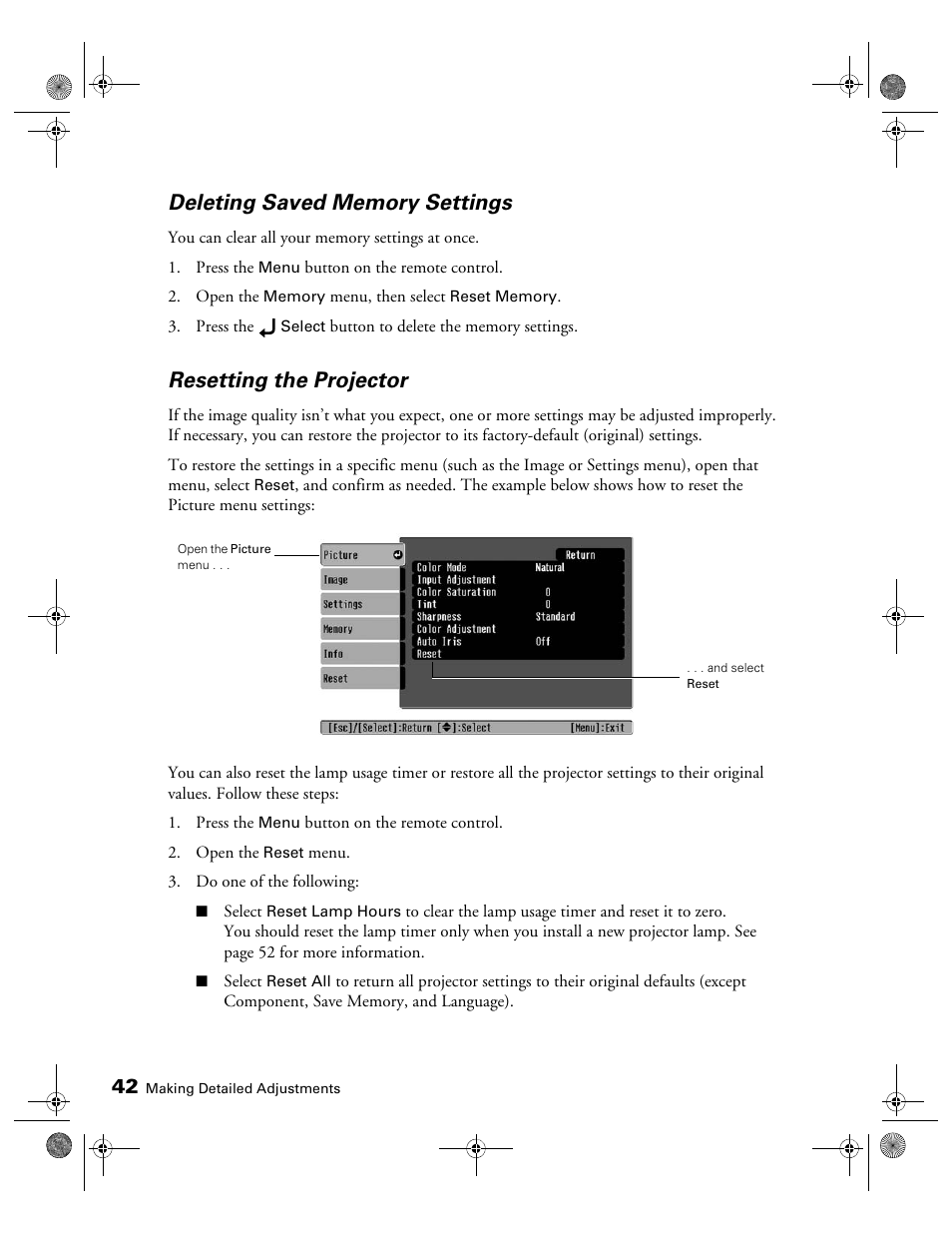 Deleting saved memory settings, Resetting the projector | Epson 810 User Manual | Page 42 / 76