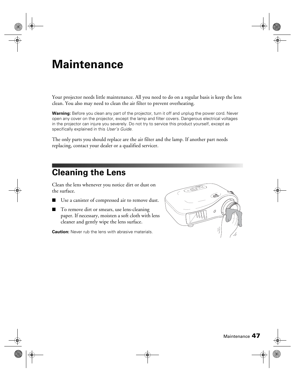 Maintenance, Cleaning the lens | Epson 810 User Manual | Page 47 / 76