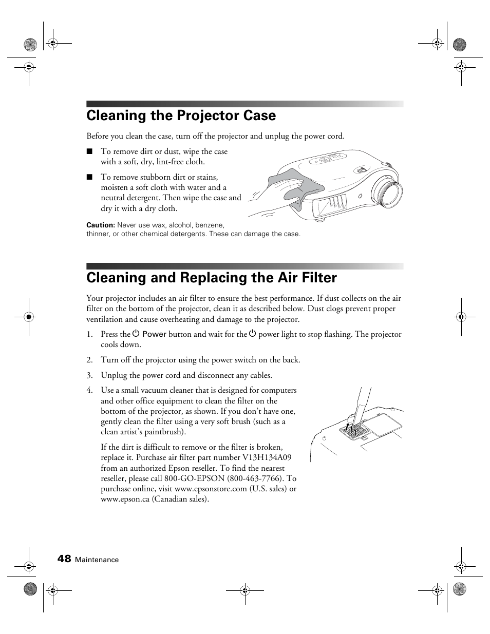Cleaning the projector case, Cleaning and replacing the air filter | Epson 810 User Manual | Page 48 / 76