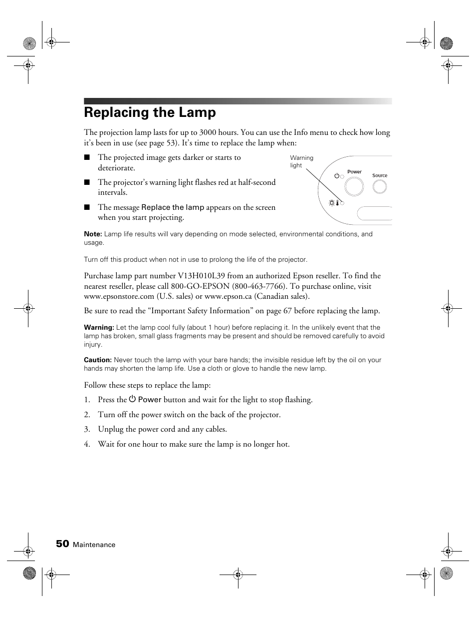Replacing the lamp | Epson 810 User Manual | Page 50 / 76