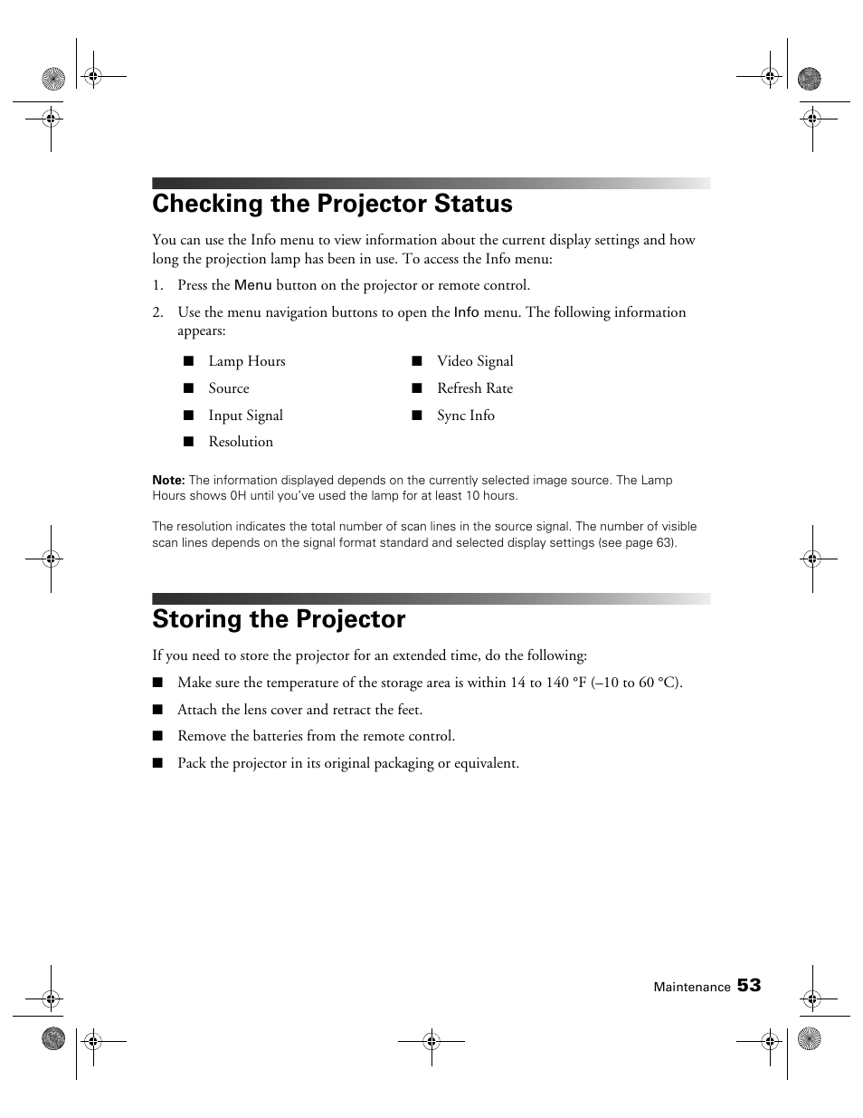 Checking the projector status, Storing the projector | Epson 810 User Manual | Page 53 / 76
