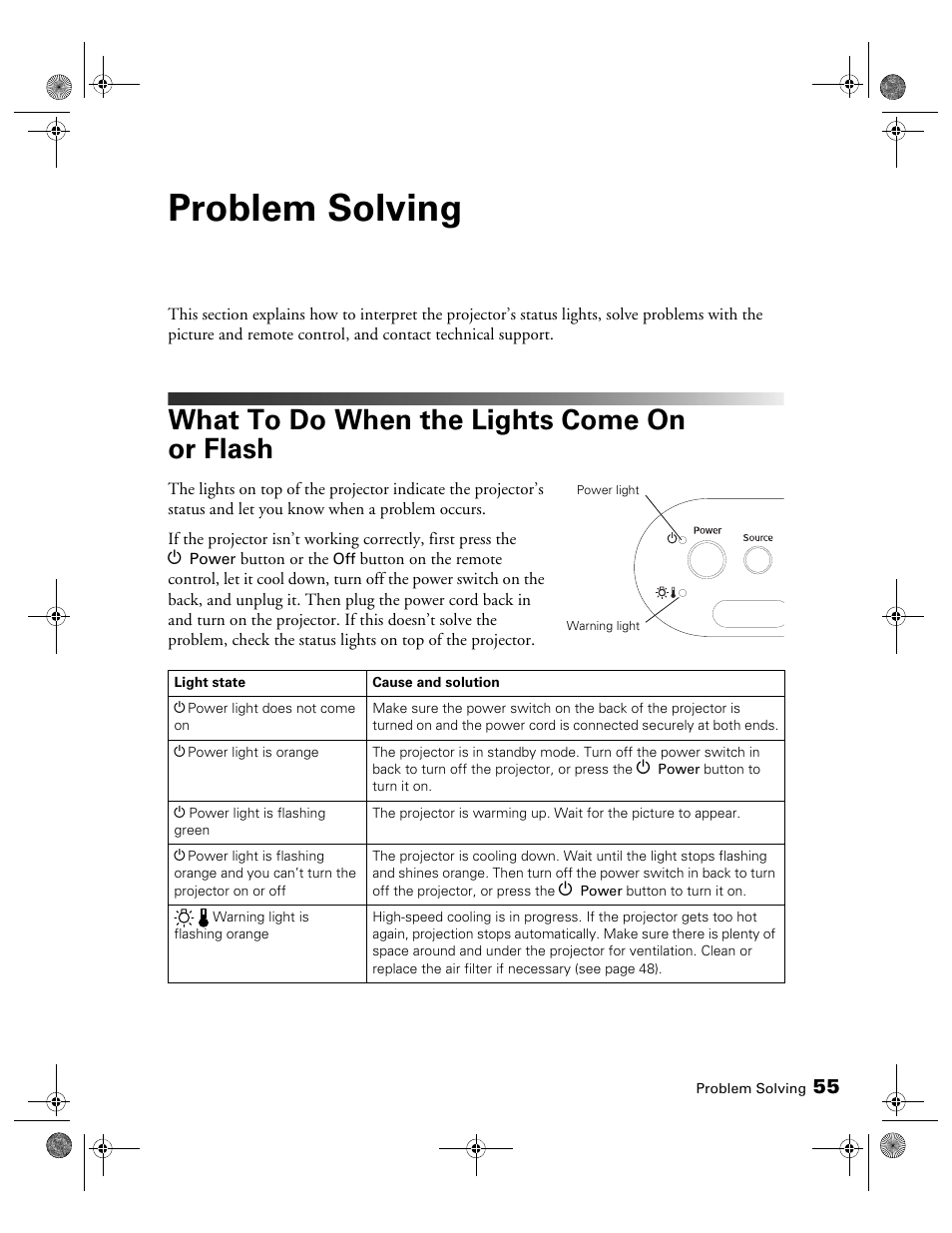 Problem solving, What to do when the lights come on or flash | Epson 810 User Manual | Page 55 / 76