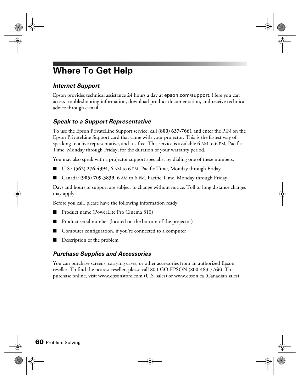 Where to get help | Epson 810 User Manual | Page 60 / 76