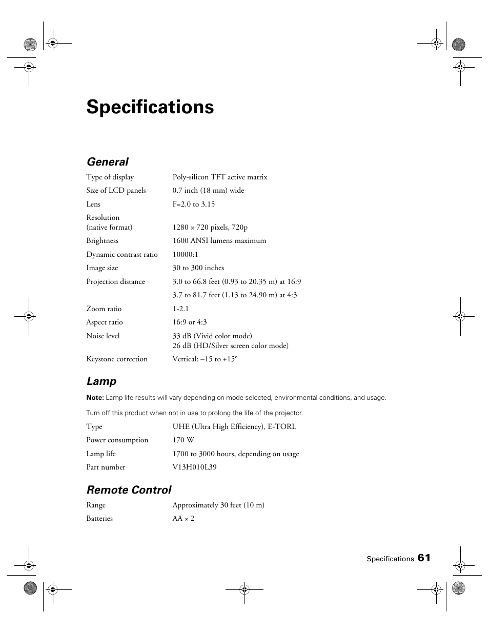 Specifications, General, Lamp | Remote control | Epson 810 User Manual | Page 61 / 76