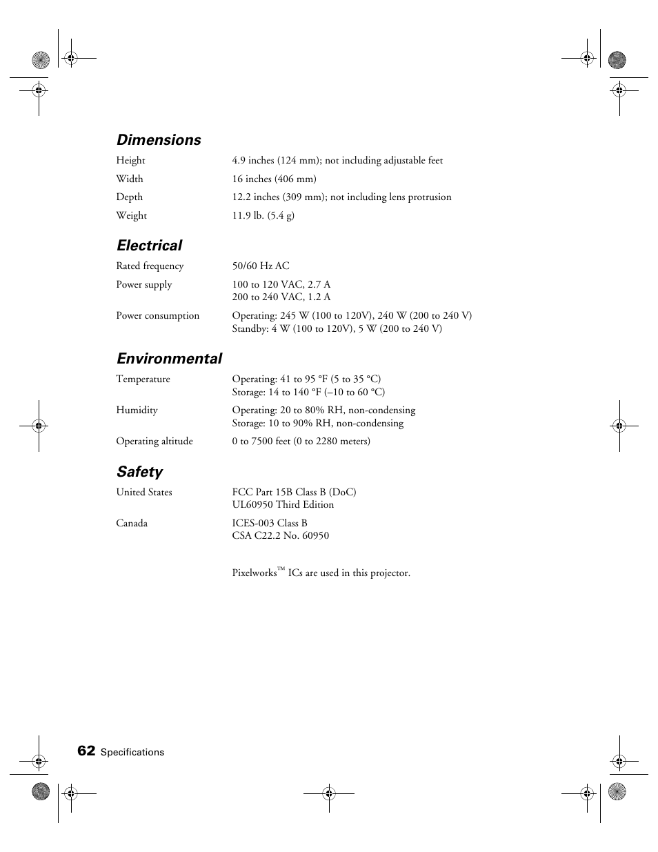 Dimensions, Electrical, Environmental | Safety | Epson 810 User Manual | Page 62 / 76