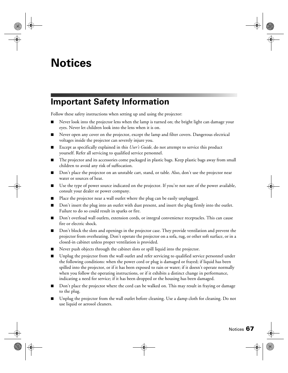 Notices, Important safety information | Epson 810 User Manual | Page 67 / 76