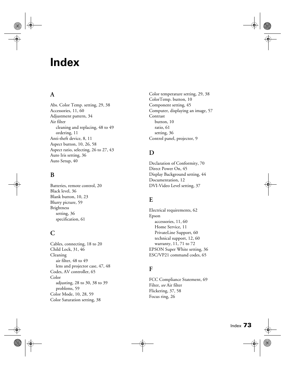 Index | Epson 810 User Manual | Page 73 / 76