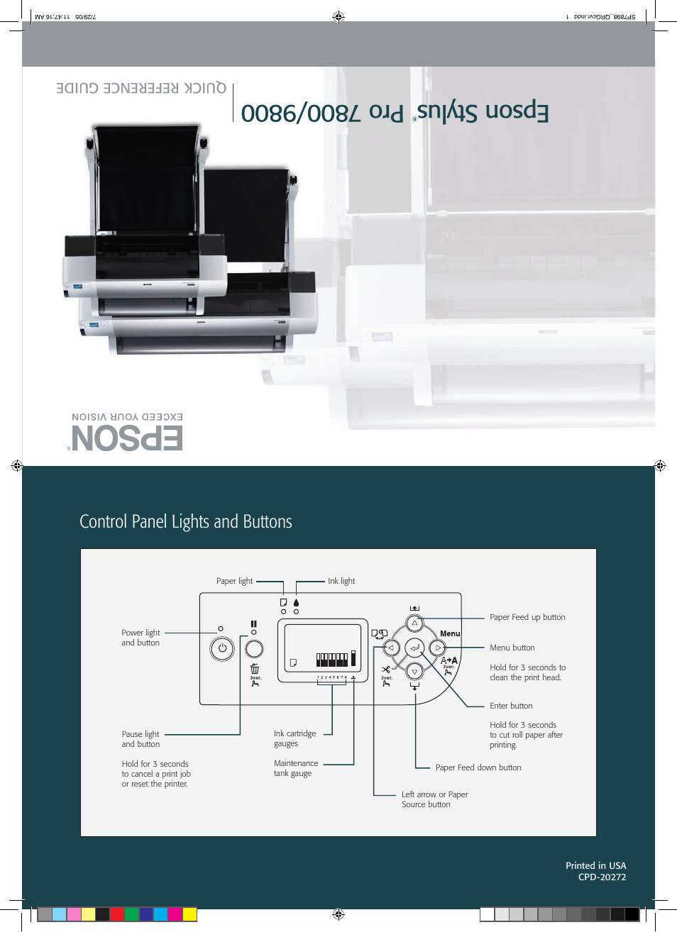 Control panel lights and buttons, Eps on sty lus | Epson Stylus Pro 7800 User Manual | Page 11 / 11