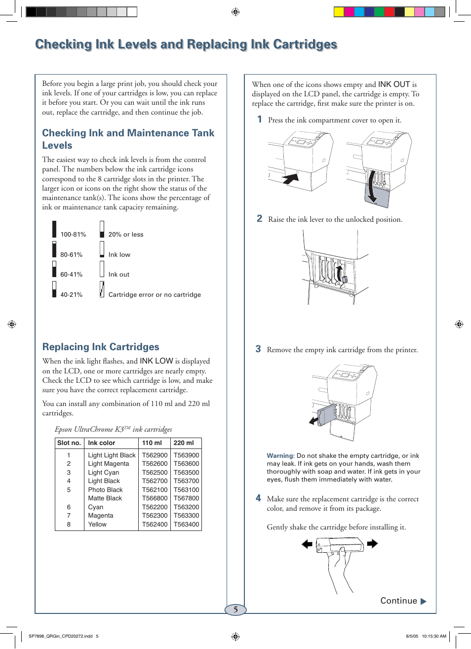 Checking ink levels and replacing ink cartridges, Checking ink and maintenance tank levels, Replacing ink cartridges | Epson Stylus Pro 7800 User Manual | Page 6 / 11