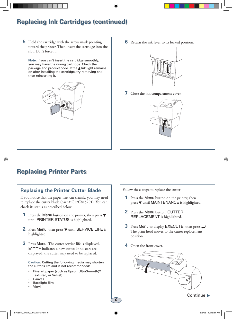 Replacing printer parts, Replacing the printer cutter blade | Epson Stylus Pro 7800 User Manual | Page 7 / 11
