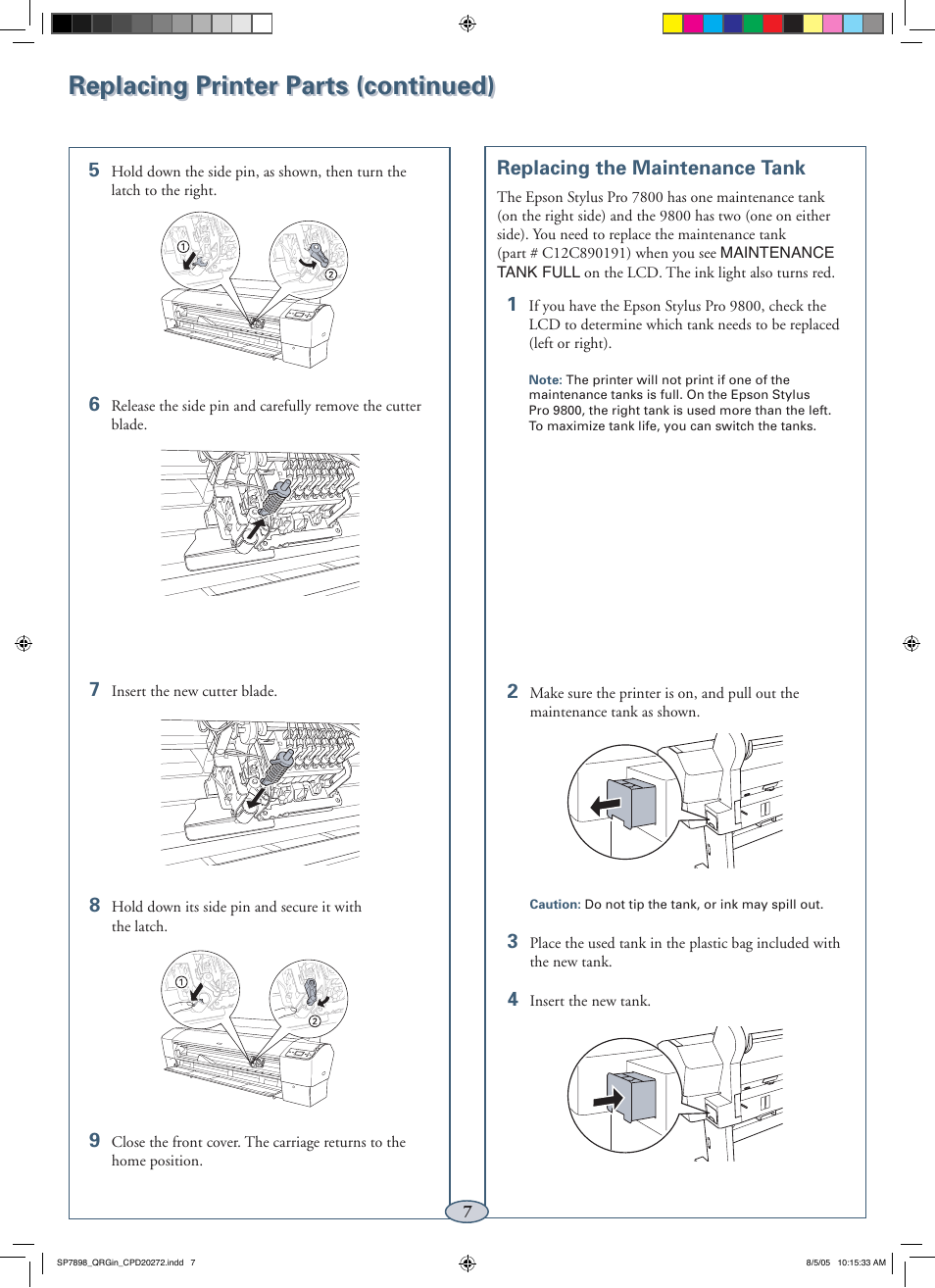 Replacing printer parts (continued), Replacing the maintenance tank | Epson Stylus Pro 7800 User Manual | Page 8 / 11