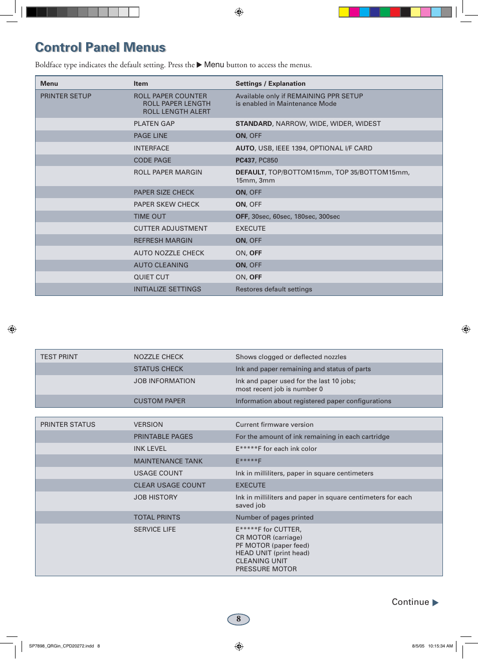 Control panel menus, Continue ▲ 8 | Epson Stylus Pro 7800 User Manual | Page 9 / 11