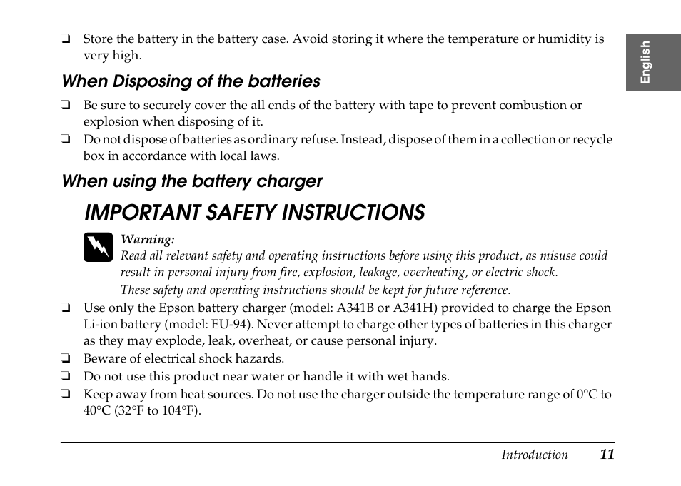 Important safety instructions | Epson PhotoPC L-500V User Manual | Page 11 / 100