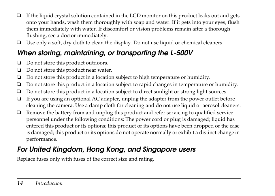 For united kingdom, hong kong, and singapore users | Epson PhotoPC L-500V User Manual | Page 14 / 100