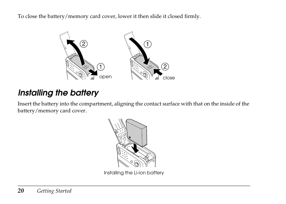 Installing the battery | Epson PhotoPC L-500V User Manual | Page 20 / 100