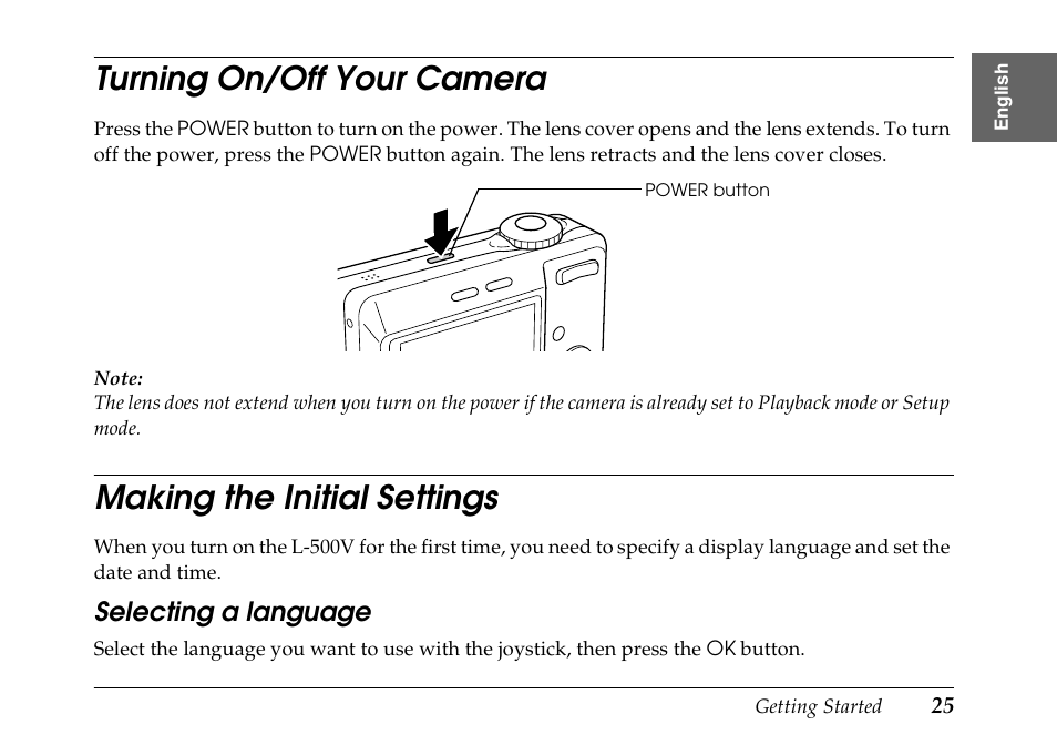 Turning on/off your camera, Making the initial settings | Epson PhotoPC L-500V User Manual | Page 25 / 100