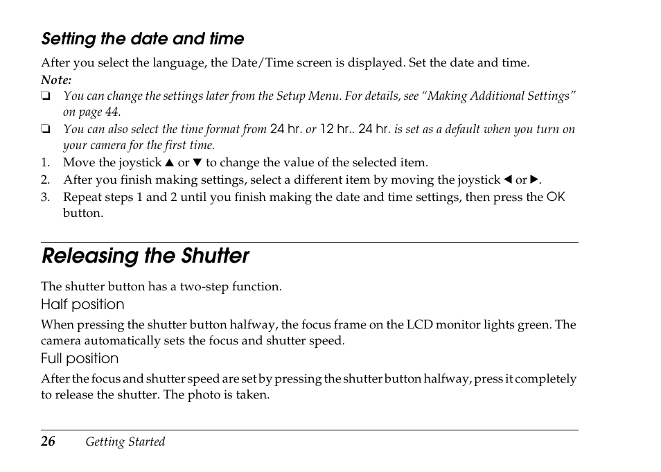 Releasing the shutter, Setting the date and time | Epson PhotoPC L-500V User Manual | Page 26 / 100