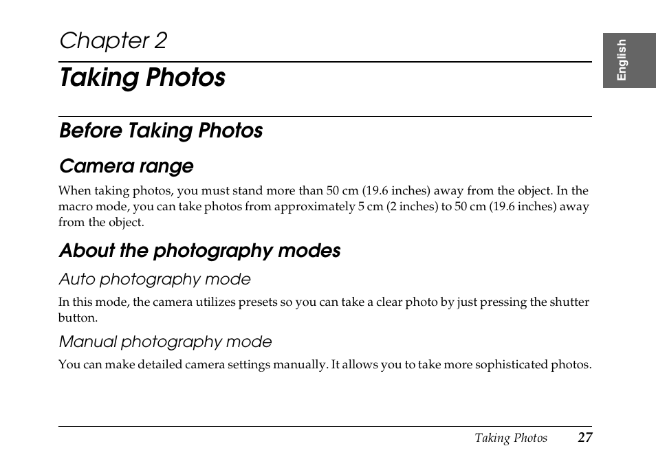 Taking photos, Chapter 2, Before taking photos | Epson PhotoPC L-500V User Manual | Page 27 / 100
