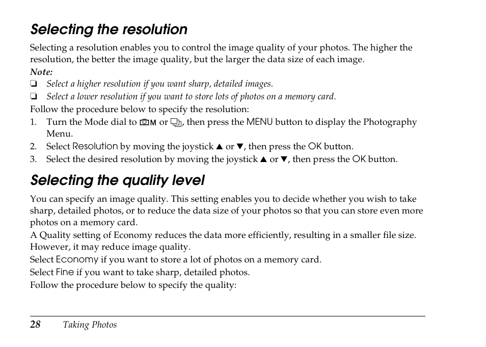 Selecting the resolution, Selecting the quality level | Epson PhotoPC L-500V User Manual | Page 28 / 100