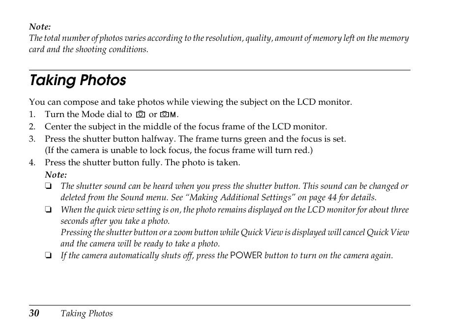 Taking photos | Epson PhotoPC L-500V User Manual | Page 30 / 100