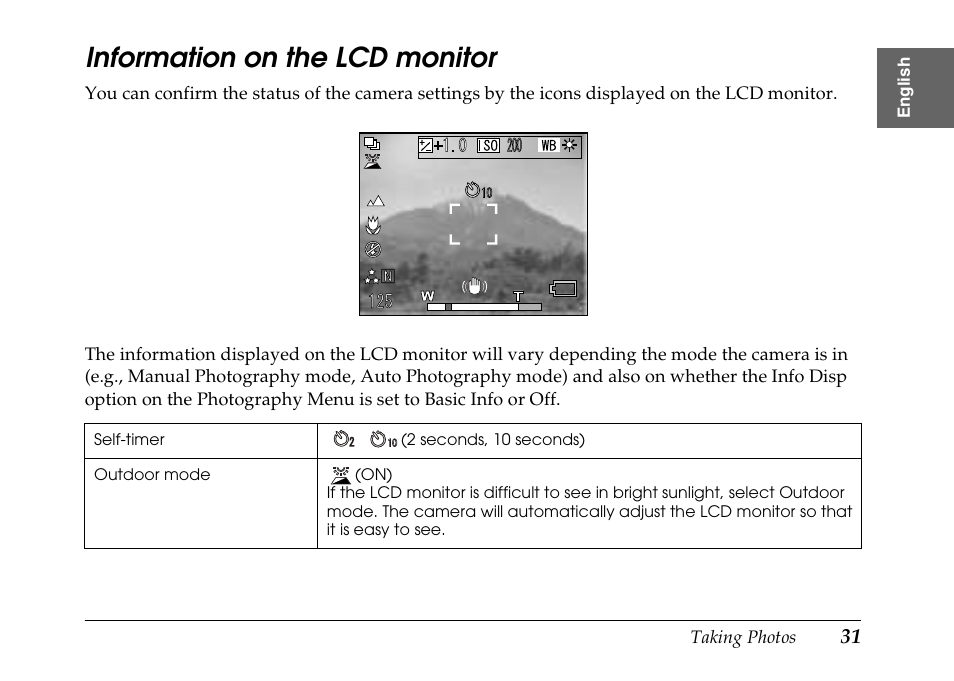 Information on the lcd monitor | Epson PhotoPC L-500V User Manual | Page 31 / 100