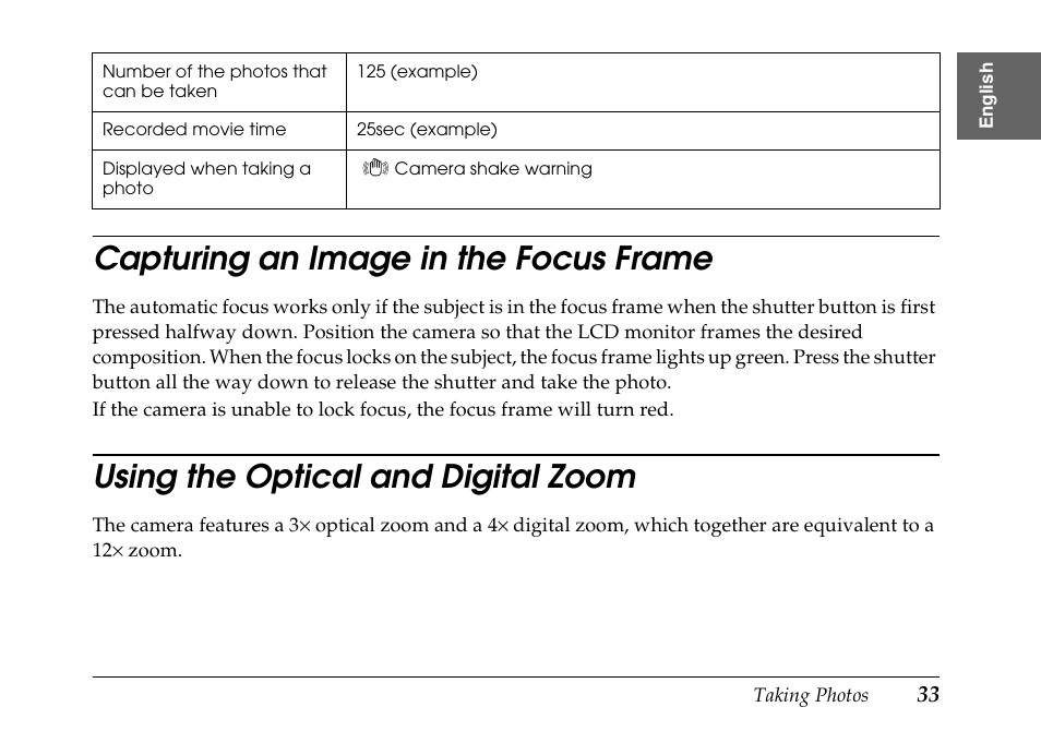 Capturing an image in the focus frame, Using the optical and digital zoom | Epson PhotoPC L-500V User Manual | Page 33 / 100