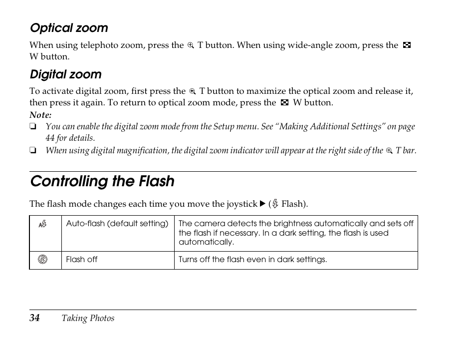 Controlling the flash, Optical zoom, Digital zoom | Epson PhotoPC L-500V User Manual | Page 34 / 100