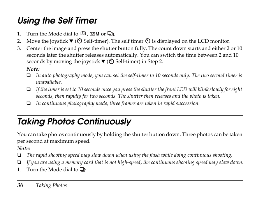 Using the self timer, Taking photos continuously | Epson PhotoPC L-500V User Manual | Page 36 / 100