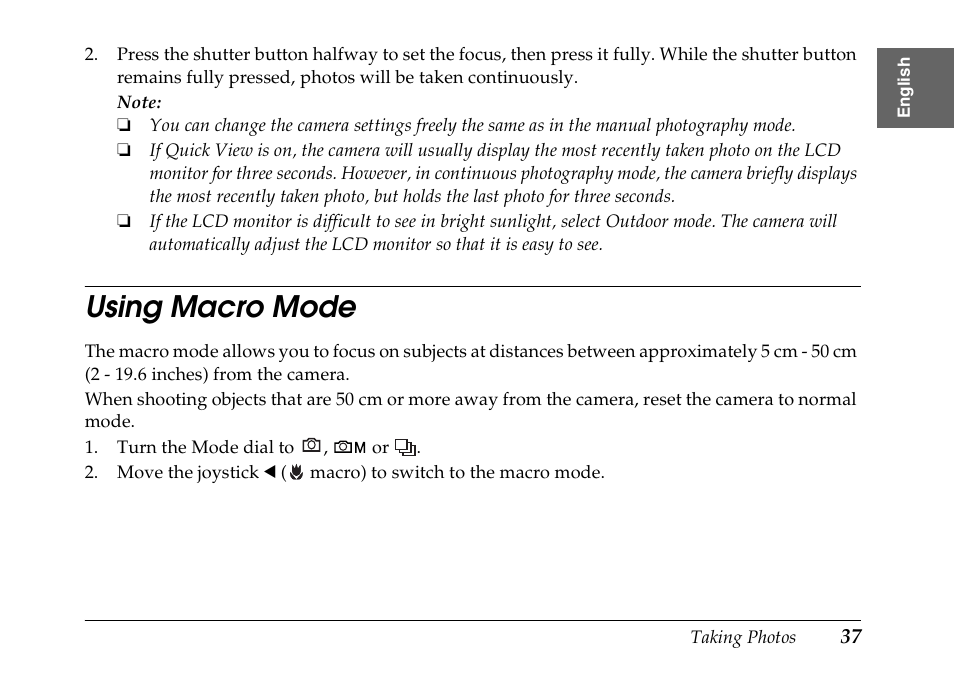 Using macro mode | Epson PhotoPC L-500V User Manual | Page 37 / 100