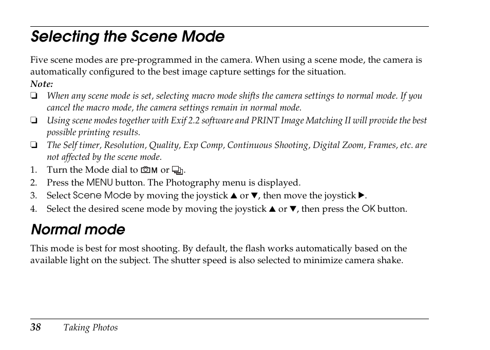 Selecting the scene mode, Normal mode | Epson PhotoPC L-500V User Manual | Page 38 / 100