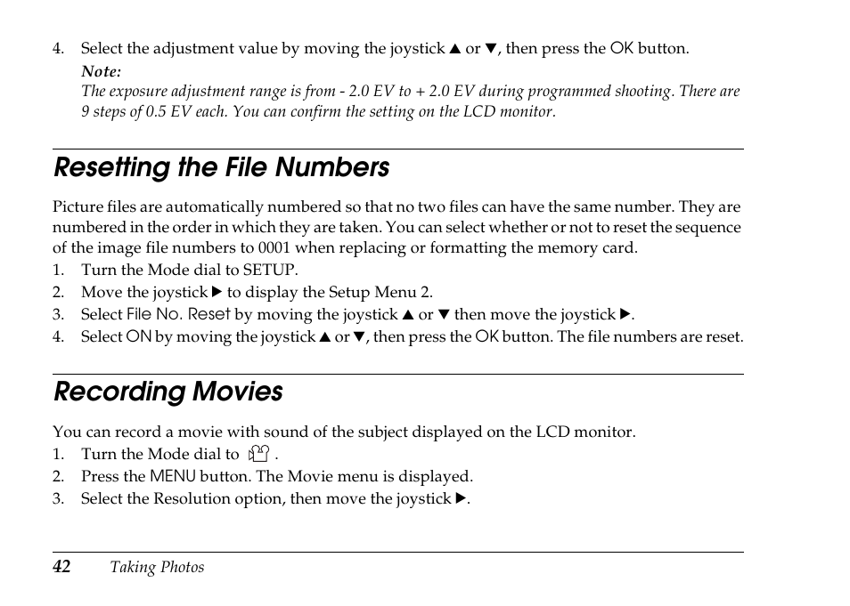 Resetting the file numbers, Recording movies | Epson PhotoPC L-500V User Manual | Page 42 / 100