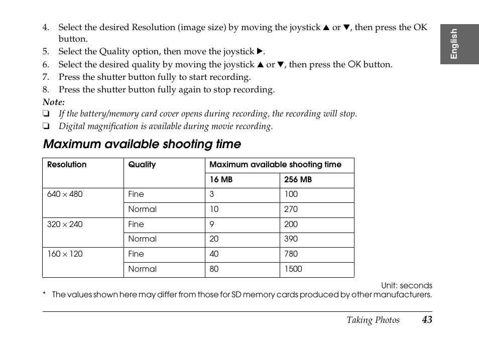 Maximum available shooting time | Epson PhotoPC L-500V User Manual | Page 43 / 100