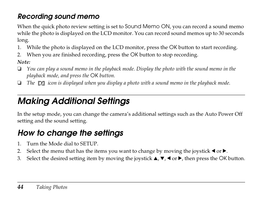 Making additional settings, How to change the settings | Epson PhotoPC L-500V User Manual | Page 44 / 100