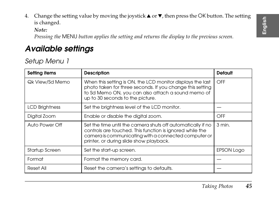Available settings | Epson PhotoPC L-500V User Manual | Page 45 / 100