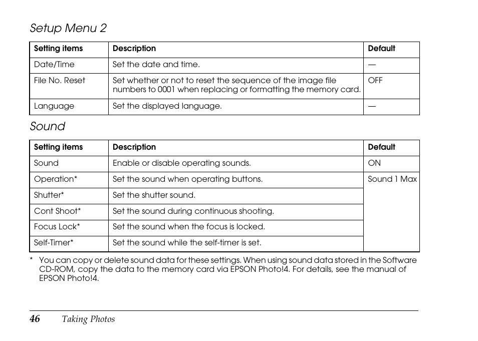 Setup menu 2 sound | Epson PhotoPC L-500V User Manual | Page 46 / 100