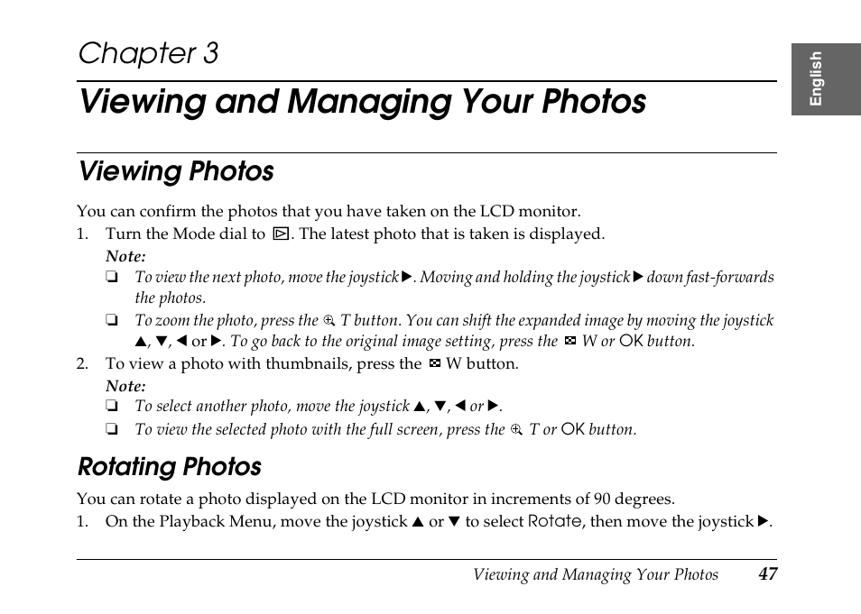 Viewing and managing your photos, Chapter 3, Viewing photos | Rotating photos | Epson PhotoPC L-500V User Manual | Page 47 / 100