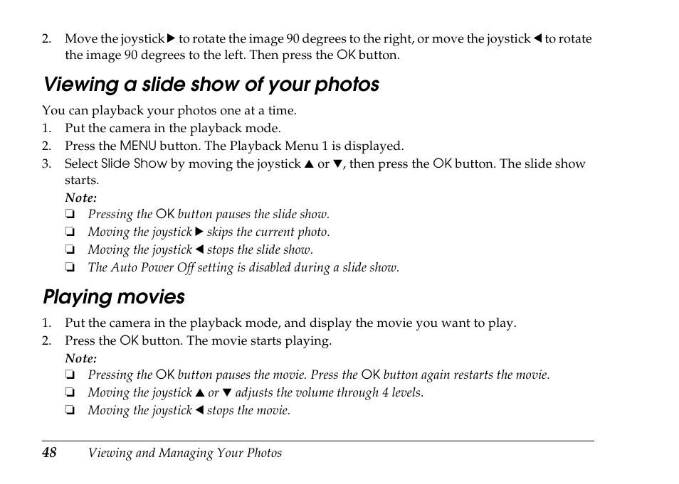 Viewing a slide show of your photos, Playing movies | Epson PhotoPC L-500V User Manual | Page 48 / 100