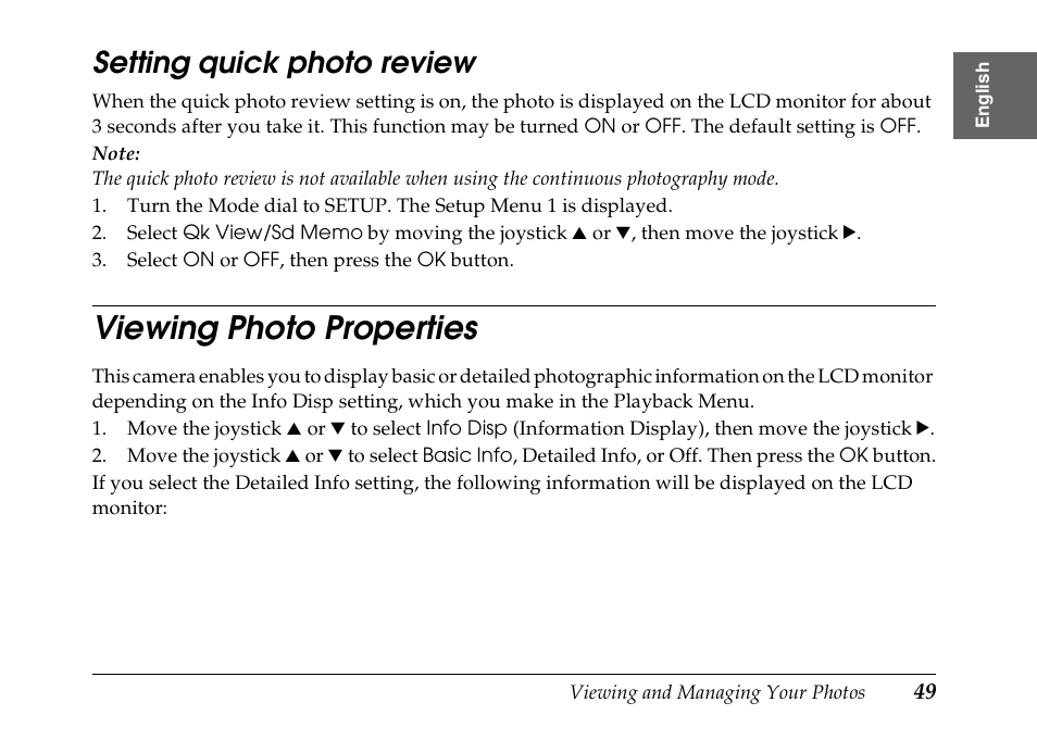 Viewing photo properties, Setting quick photo review | Epson PhotoPC L-500V User Manual | Page 49 / 100