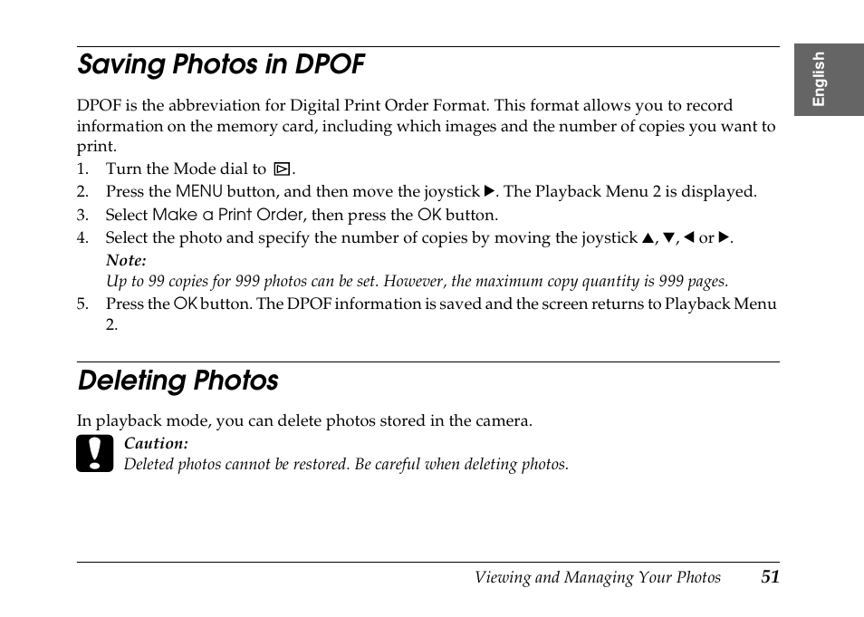 Saving photos in dpof, Deleting photos | Epson PhotoPC L-500V User Manual | Page 51 / 100