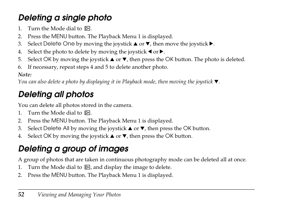 Deleting a single photo, Deleting all photos, Deleting a group of images | Epson PhotoPC L-500V User Manual | Page 52 / 100